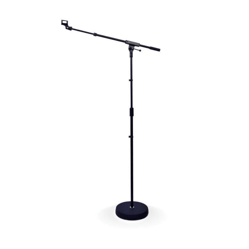 base mic stand Kenya with extended boom arm, mic clip, adjustable steel shaft and weighted base on white background