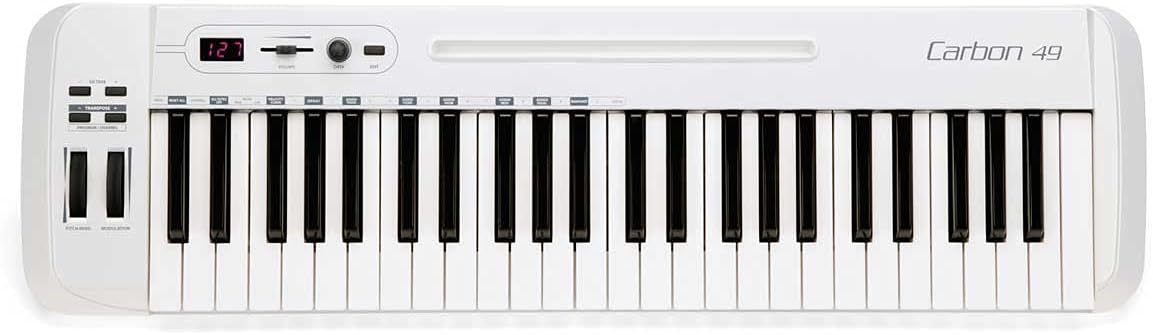Samson Carbon 49 USB MIDI keyboard top panel, data encoder, volume slider, LED display