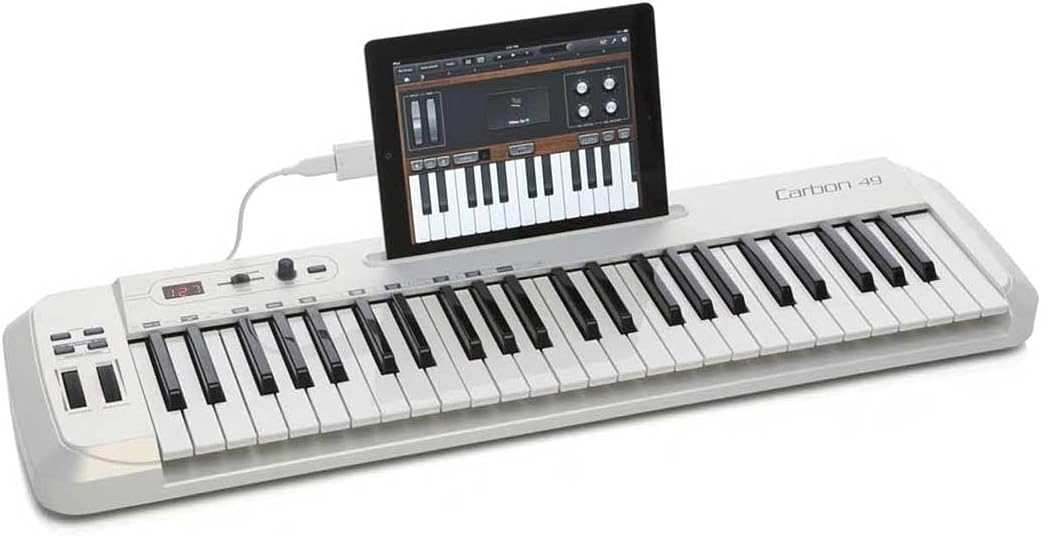 Samson Carbon 49 USB MIDI keyboard top panel, data encoder, volume slider, LED display