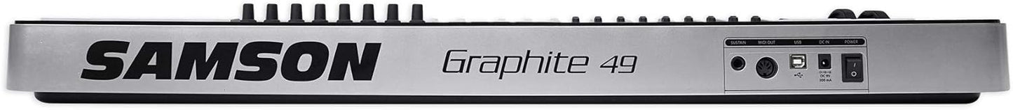 panel of Samson Graphite 49 Kenya showing SUSTAIN, MIDI OUT, USB, DC IN, and POWER switch ports on silver chassis