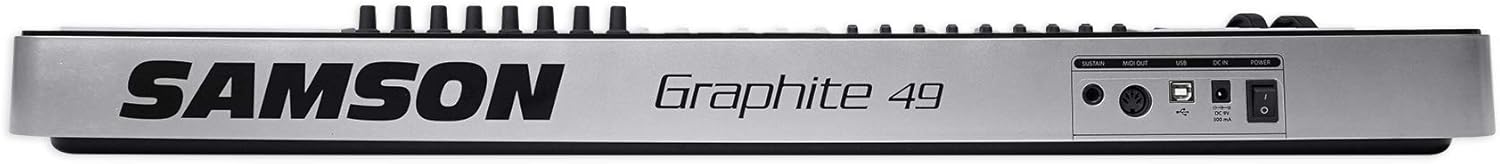 panel of Samson Graphite 49 Kenya showing SUSTAIN, MIDI OUT, USB, DC IN, and POWER switch ports on silver chassis