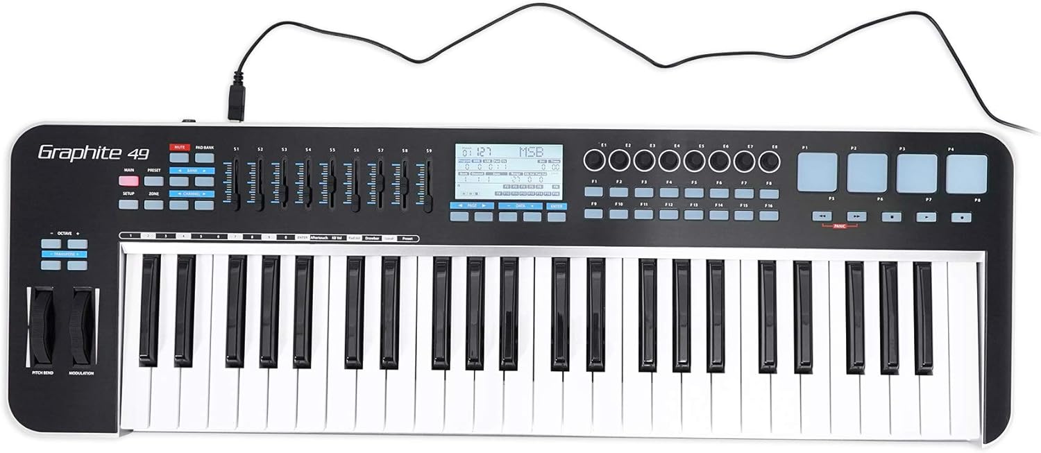 overhead view of Samson Graphite 49 Kenya showing full keyboard, faders, knobs, LCD screen, pads, and USB cable