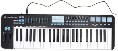 overhead view of Samson Graphite 49 Kenya showing full keyboard, faders, knobs, LCD screen, pads, and USB cable
