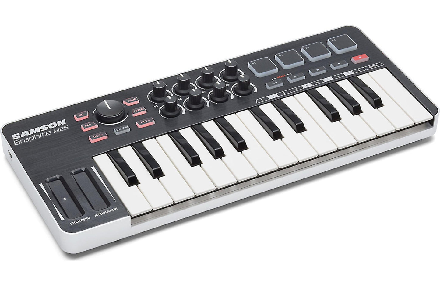 Samson Graphite M25 MIDI controller top view showing 25 mini keys and 8 backlit pads
