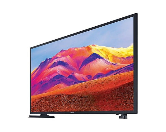 Samsung 40T5300 Kenya 40-inch Full HD Smart TV angled right view on stand, vivid mountain landscape on screen