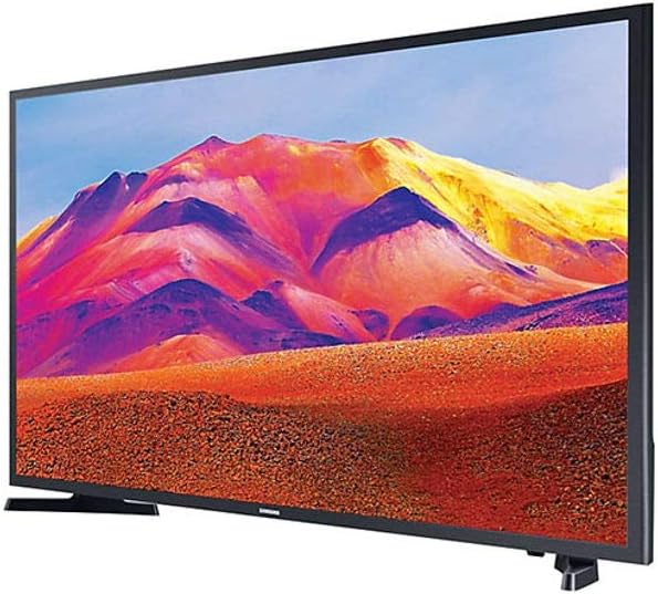 Samsung 43T5300 Kenya 43-inch Full HD Smart TV angled front-left view on stand, vivid mountain landscape on screen