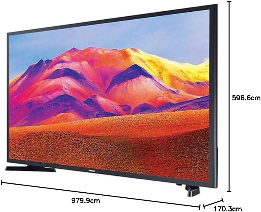 Samsung 3T5300 Kenya 43-inch Full HD Smart TV angled view with dimension annotations: 979.9cm width, 596.6cm height