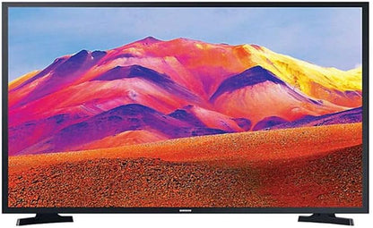 Samsung 43T5300 Kenya 43-inch Full HD Smart TV straight-on front view, slim black bezel, colorful mountain display