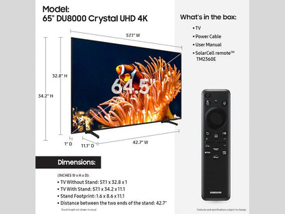 Samsung 65DU8000 Kenya — what's in the box: TV unit, SolarCell remote TM2360E, power cable, user manual with dimensions chart