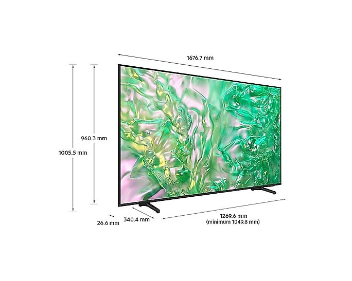 Samsung 75DU8000 Kenya — dimension diagram showing width 1676.7mm, height 1005.5mm, depth 26.6mm with stand
