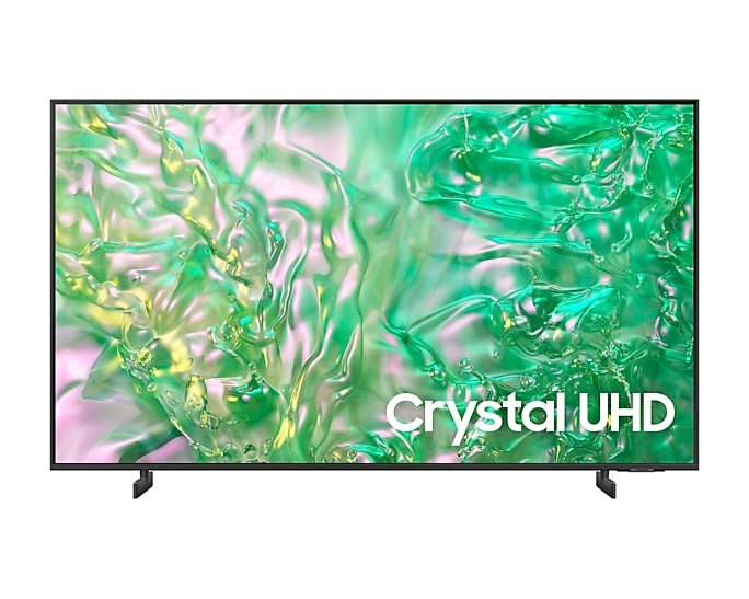 Samsung 75DU8000 Kenya — straight-on front view with Crystal UHD branding on screen and slim black frame