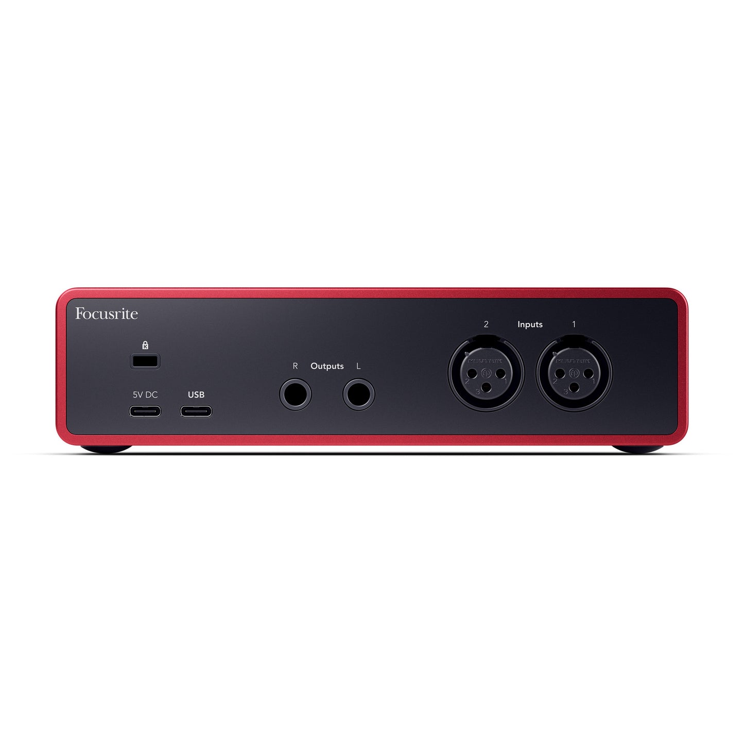 Red audio interface with multiple ports on a white background
