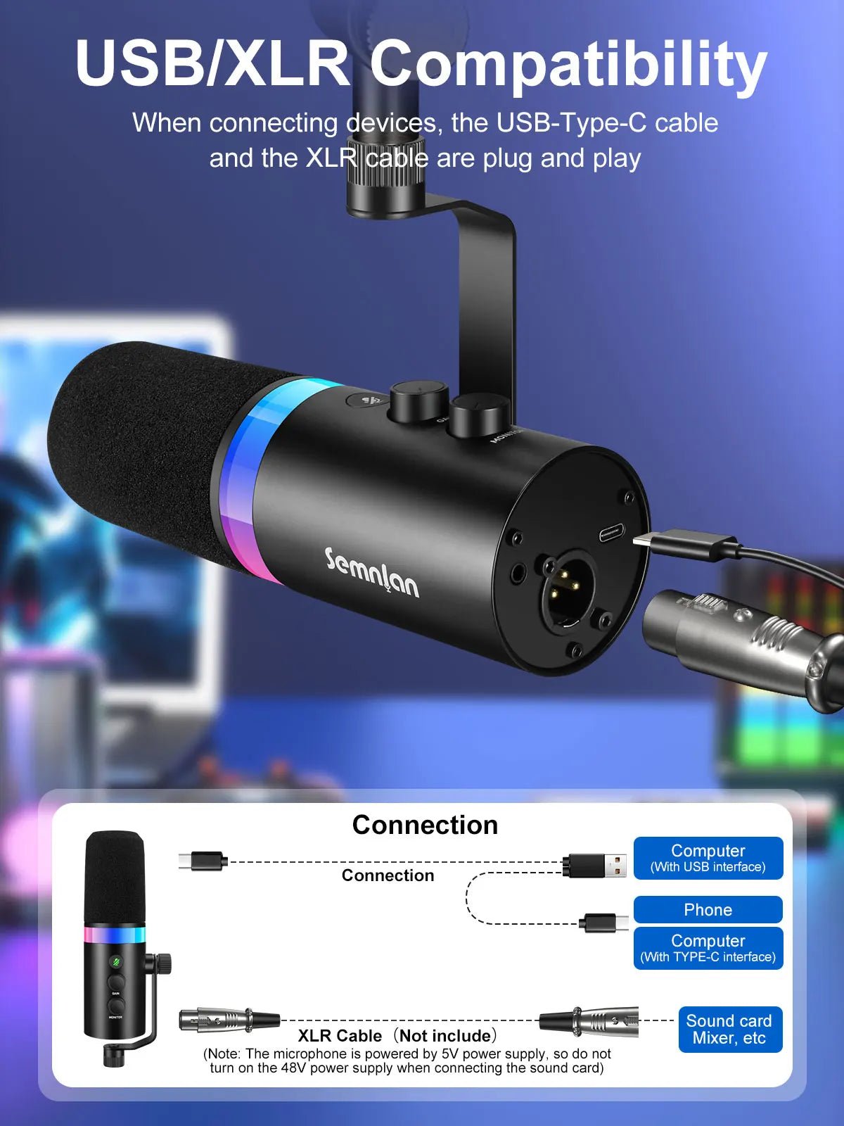 SEMNLAN Metal-LM20 Dynamic Microphone with Touch-Mute & Headphone Jack