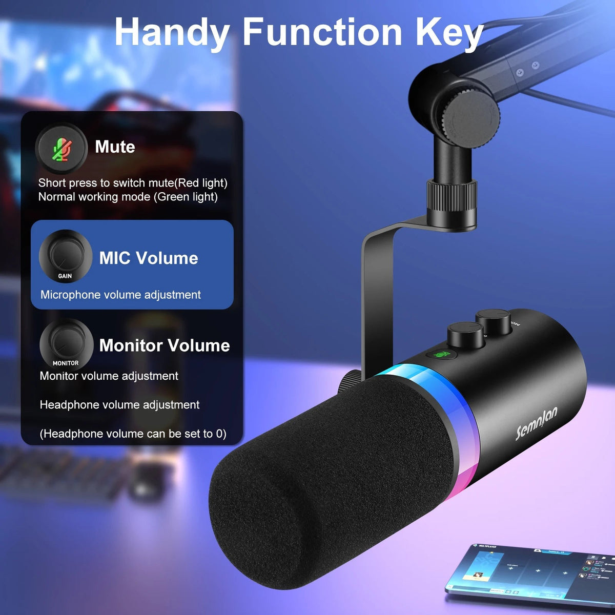 SEMNLAN Metal-LM20 Dynamic Microphone with Touch-Mute & Headphone Jack
