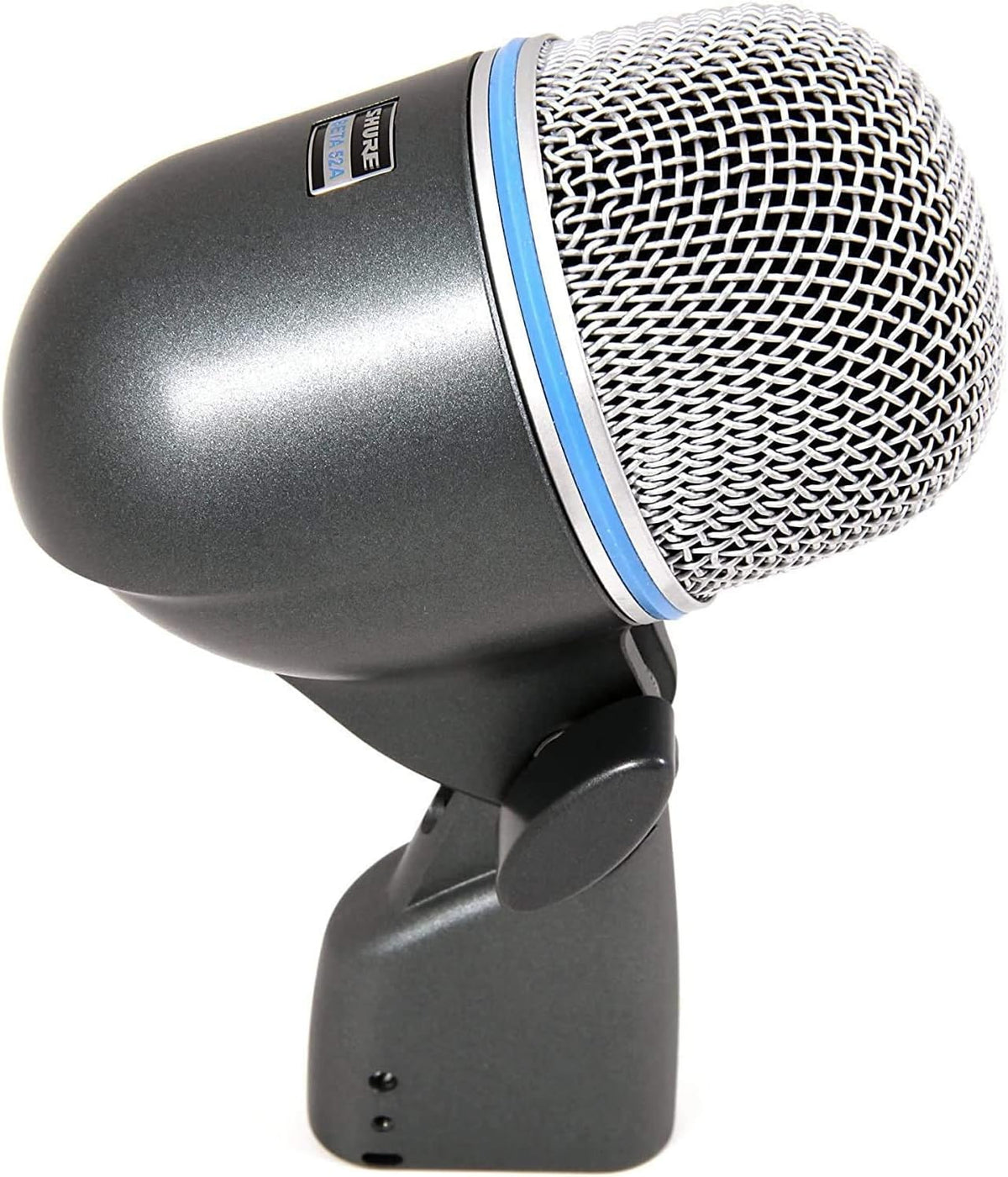 Shure Beta 52A kick drum mic Kenya — 3/4 front view on integrated stand mount, blue accent ring visible