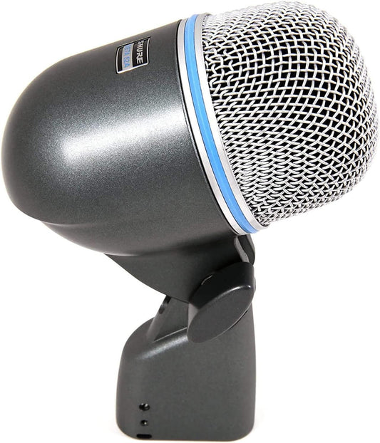 Shure Beta 52A kick drum mic Kenya — 3/4 front view on integrated stand mount, blue accent ring visible