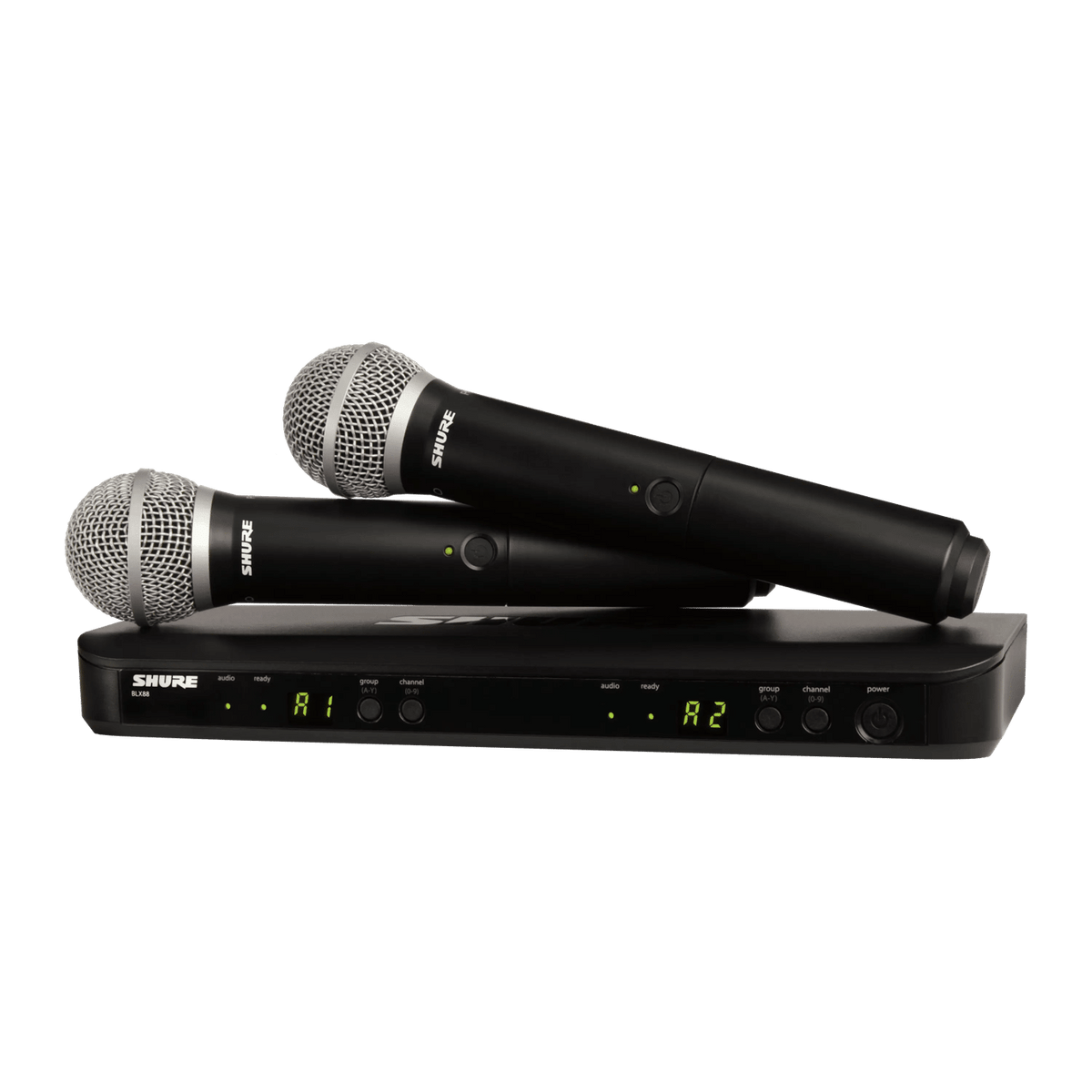 Shure BLX288/PG58 Kenya — full system view with two PG58 handheld mics resting on BLX88 dual receiver