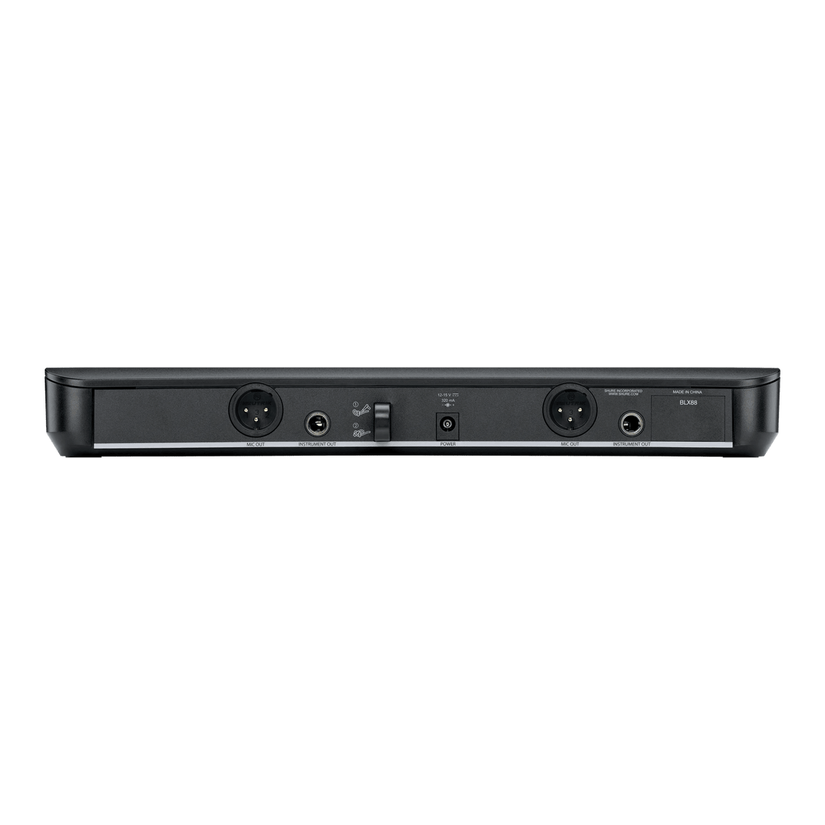 Shure BLX288/PG58 Kenya — BLX88 receiver rear panel with dual XLR mic outputs and 1/4-inch jacks`