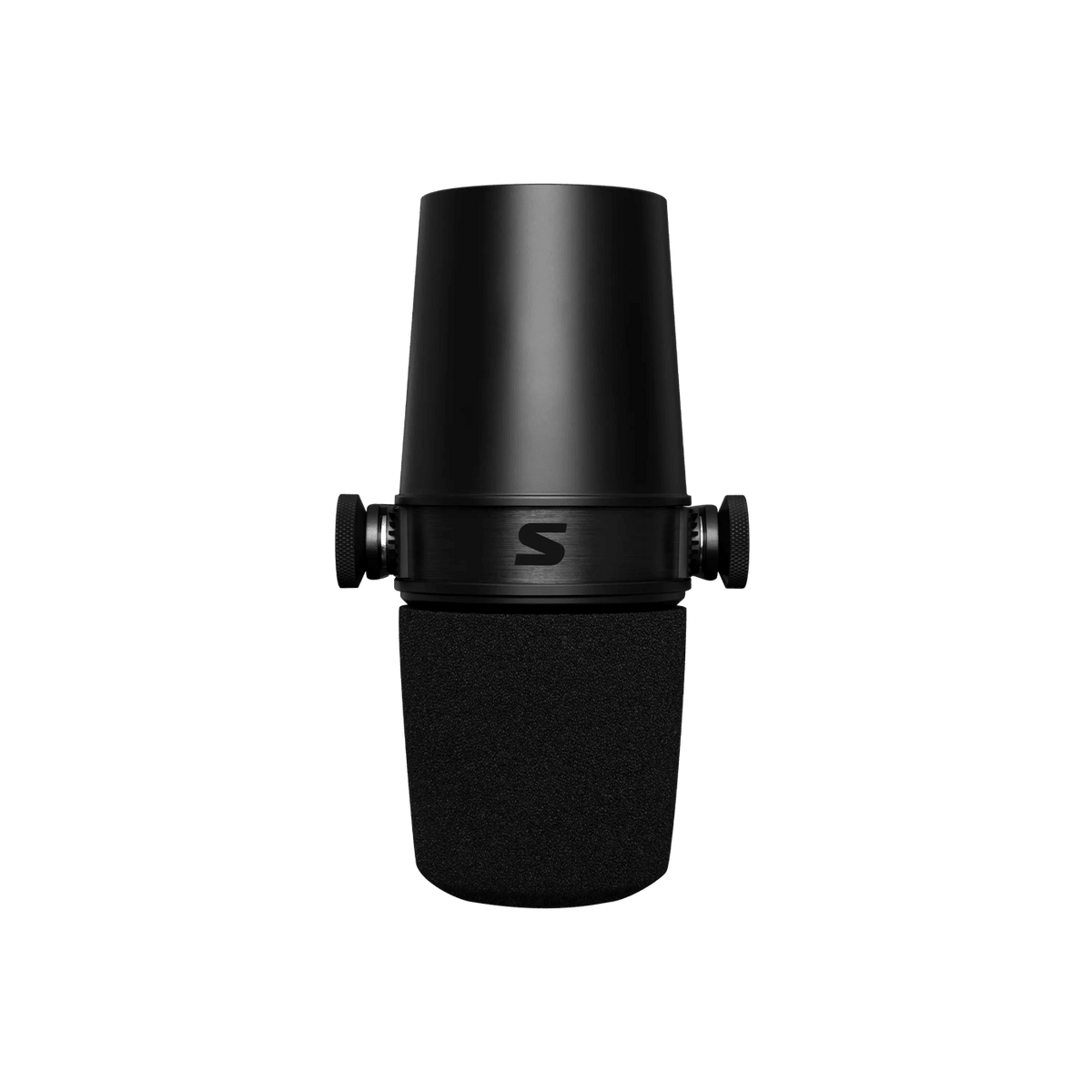 Shure MV7X podcast microphone Kenya — front-on view showing foam capsule grille, Shure S logo on yoke band, and stand mount