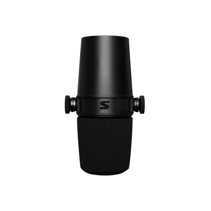 Shure MV7X podcast microphone Kenya — front-on view showing foam capsule grille, Shure S logo on yoke band, and stand mount