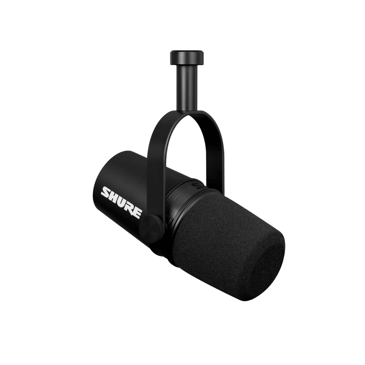 Shure MV7X podcast microphone Kenya — rear three-quarter view showing foam grille, U-shaped yoke mount, and Shure logo