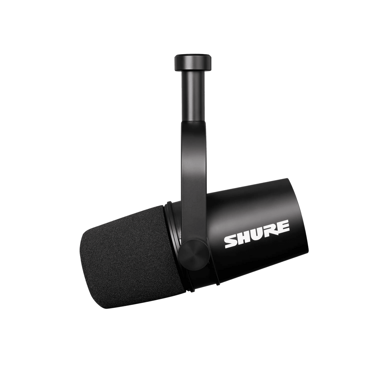 Shure MV7X podcast microphone Kenya — front-left view showing foam grille, yoke mount, and Shure logo on black body