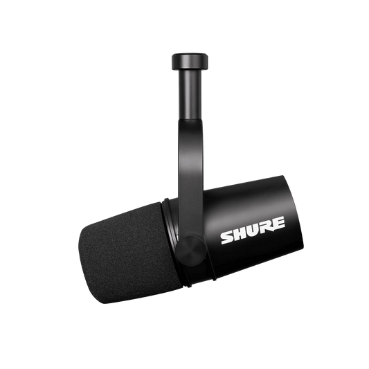 Shure MV7X podcast microphone Kenya — front-left view showing foam grille, yoke mount, and Shure logo on black body