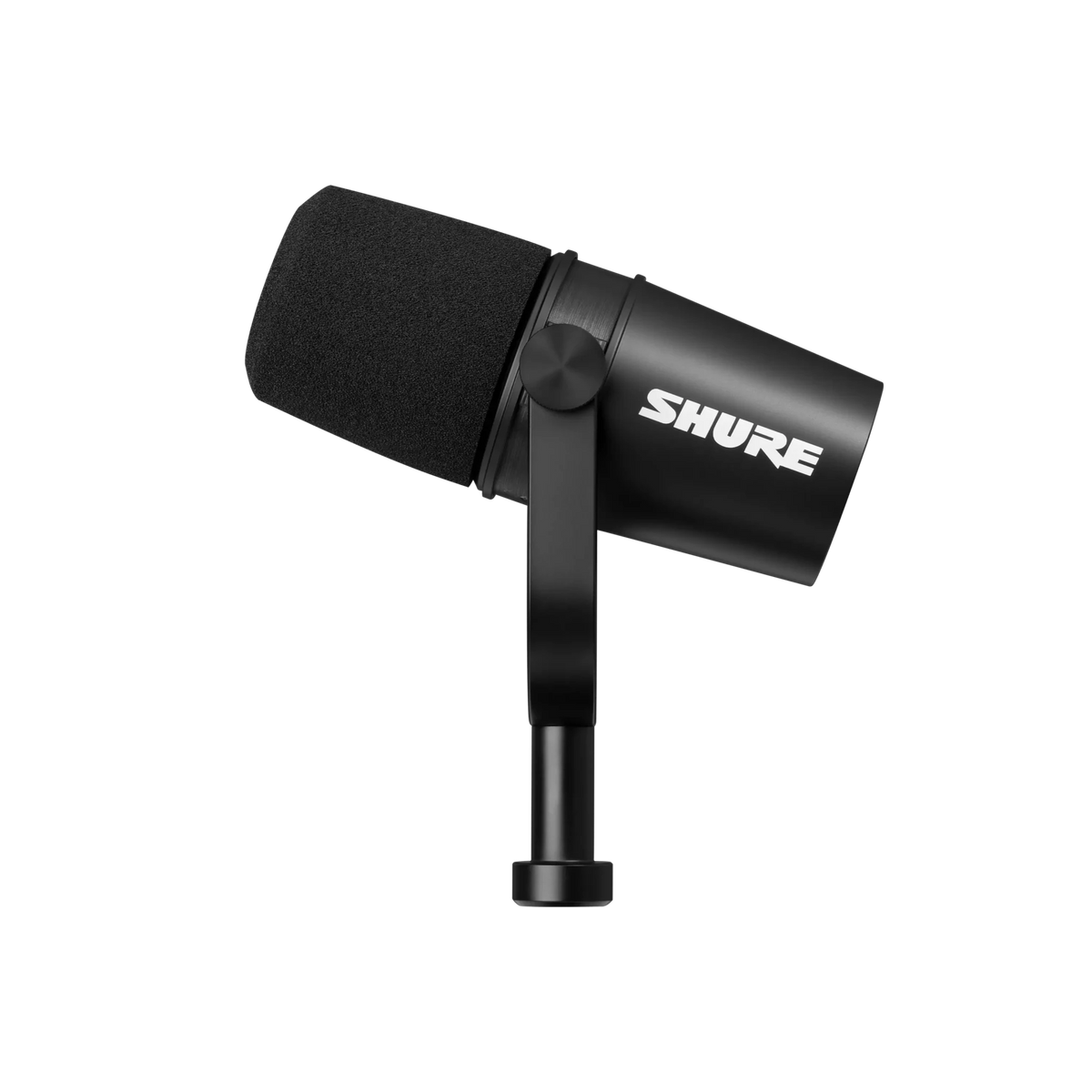 Shure MV7X podcast microphone Kenya — side view on stand mount showing foam grille, Shure logo, and yoke arm angle