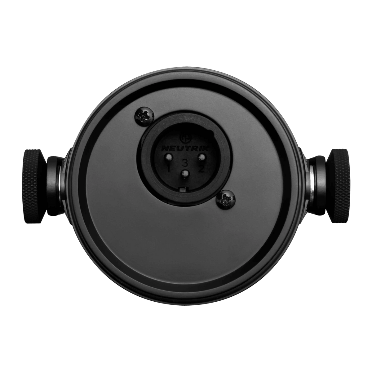 Shure MV7X podcast microphone Kenya — rear base view showing 3-pin XLR input port and dual knurled yoke adjustment knobs