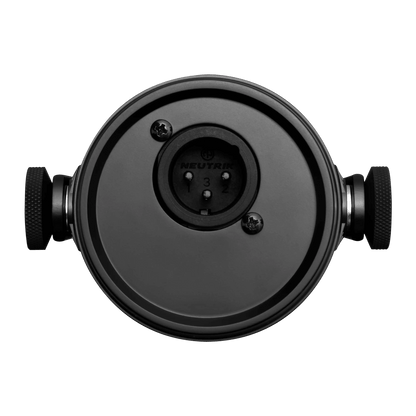 Shure MV7X podcast microphone Kenya — rear base view showing 3-pin XLR input port and dual knurled yoke adjustment knobs