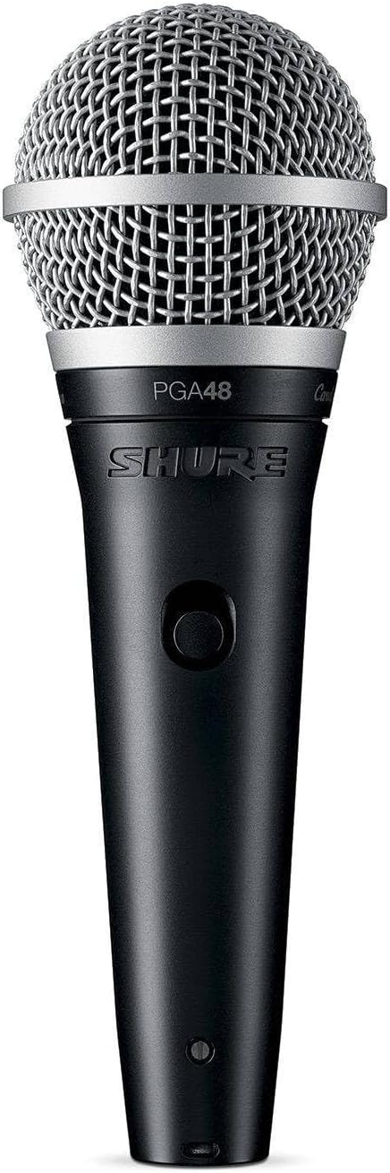 Shure PGA48 Kenya dynamic cardioid vocal microphone front view, black body with silver grille and on/off switch