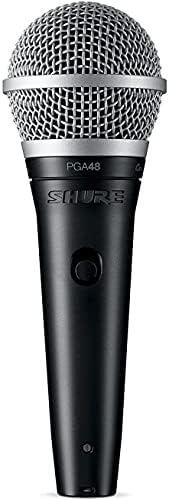 Shure PGA48 Kenya handheld dynamic vocal mic, angled three-quarter view showing silver grille and black body`
