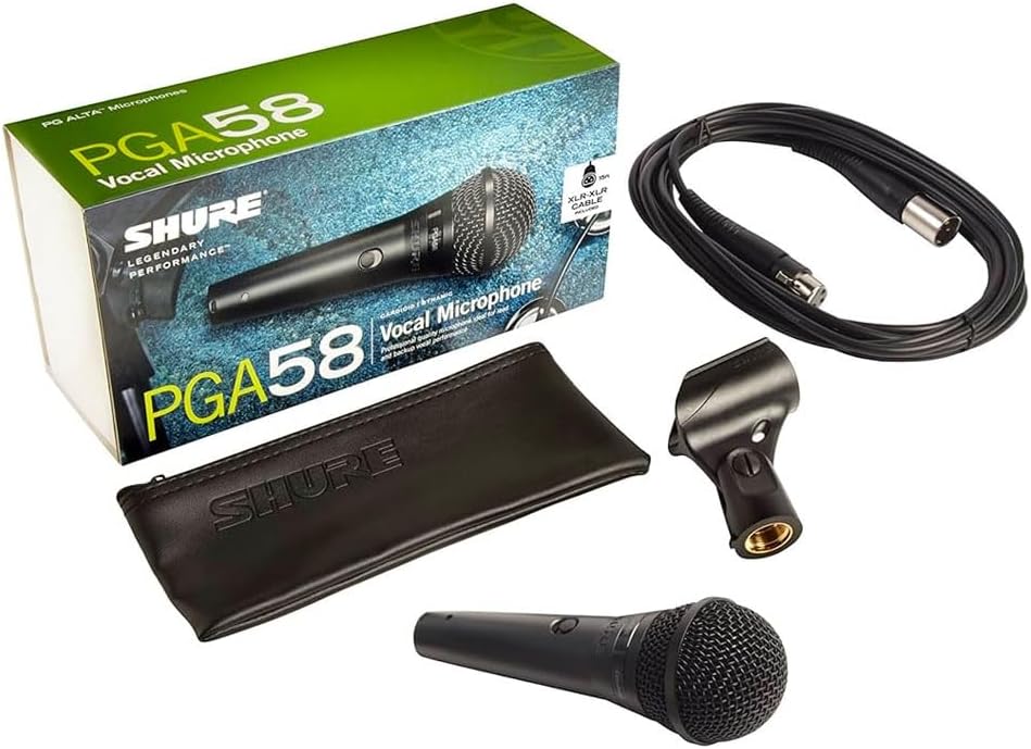 Shure PGA58 Kenya full box contents — mic, XLR cable, mic clip, carry pouch, and retail box