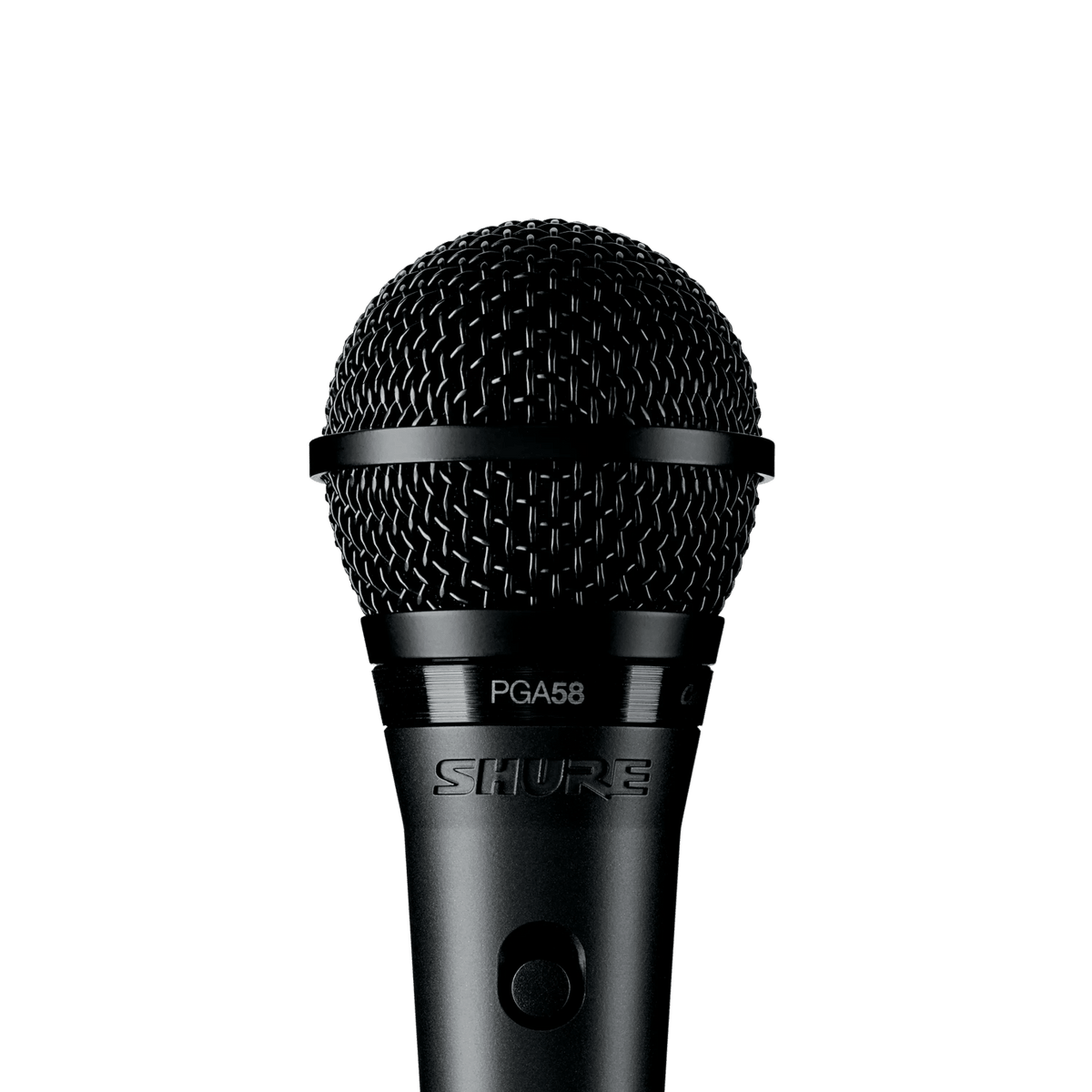 Shure PGA58 Kenya close-up of mesh grille head and PGA58 model label with on/off switch below
