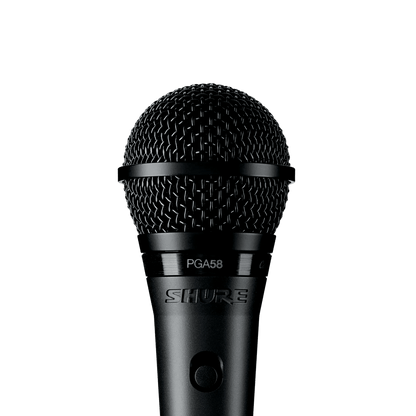 Shure PGA58 Kenya close-up of mesh grille head and PGA58 model label with on/off switch below
