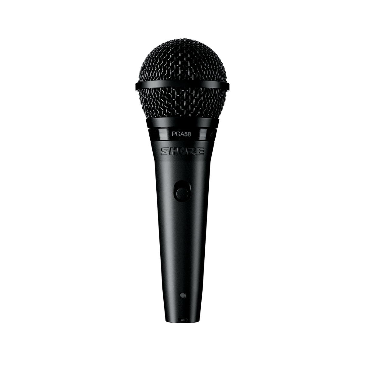 Shure PGA58 Kenya black dynamic cardioid vocal microphone full front view on white background