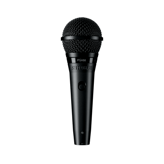 Shure PGA58 Kenya black dynamic cardioid vocal microphone full front view on white background
