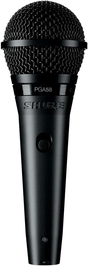 Shure PGA58 Kenya handheld dynamic vocal mic front view showing SHURE branding and on/off switch