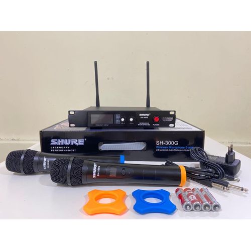 Shure SH-300G wireless microphone Kenya — dual handhelds, UHF receiver, batteries, cables, grip rings laid out flat