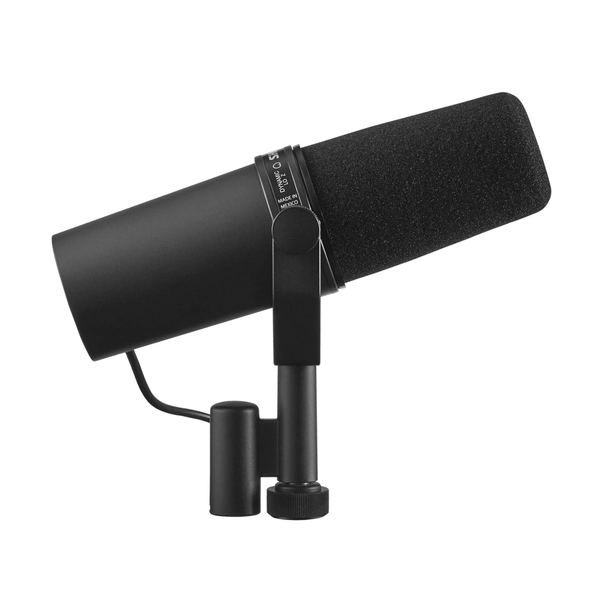 Shure SM7B Kenya side view on yoke stand mount, "Dynamic Lo Z Made in Mexico" label visible on body band