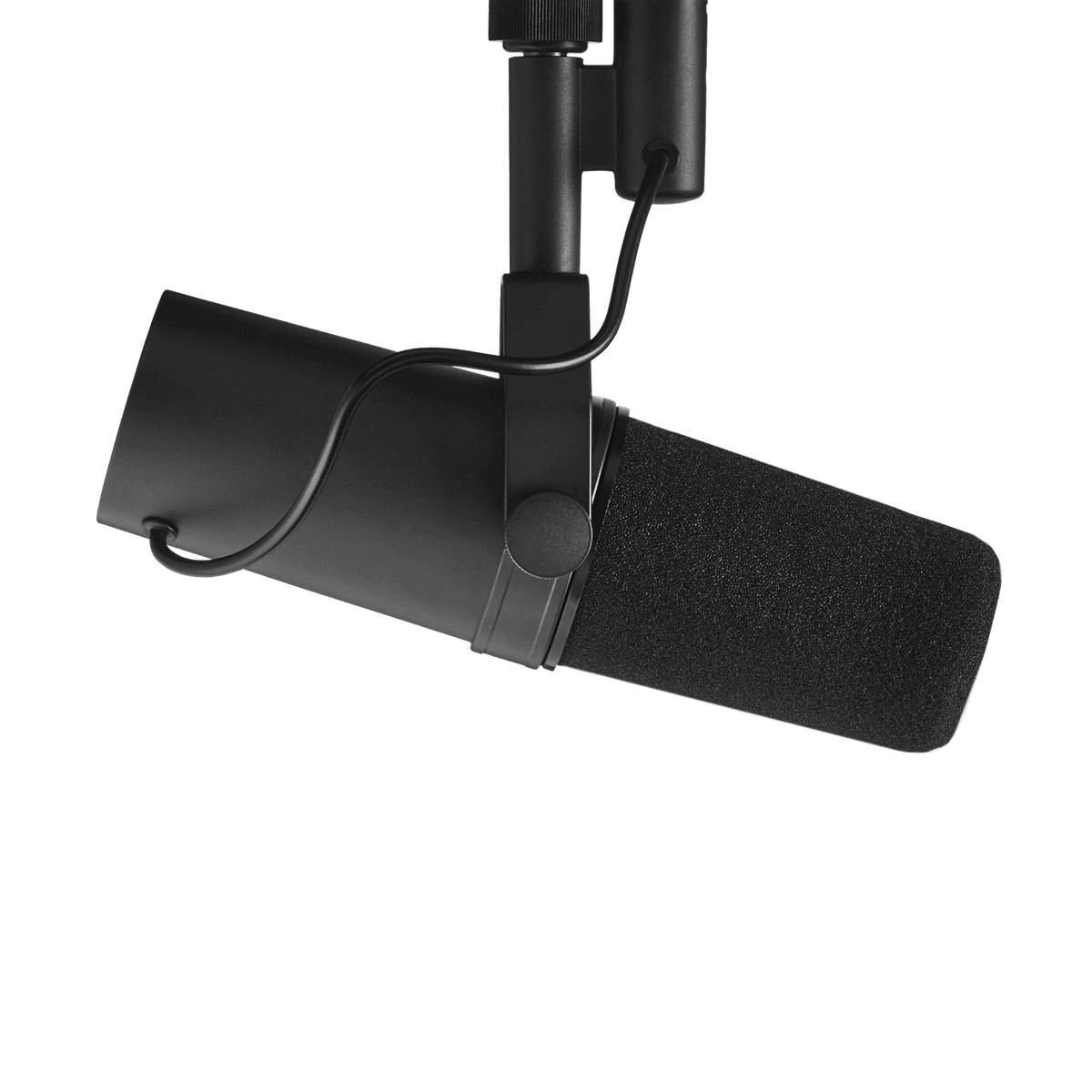 Shure SM7B Kenya angled front view on boom arm, foam windscreen and XLR cable routing visible
