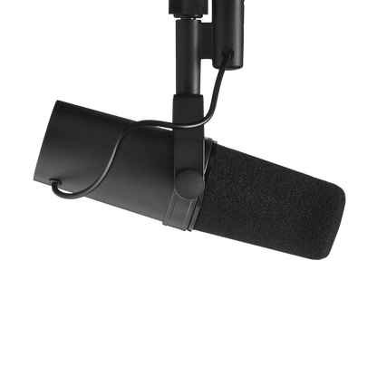 Shure SM7B Kenya angled front view on boom arm, foam windscreen and XLR cable routing visible