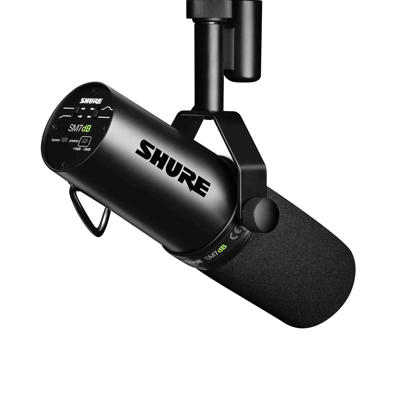 Shure SM7dB Kenya mounted on yoke arm, angled side view showing SM7dB branding, bypass and preamp gain switches