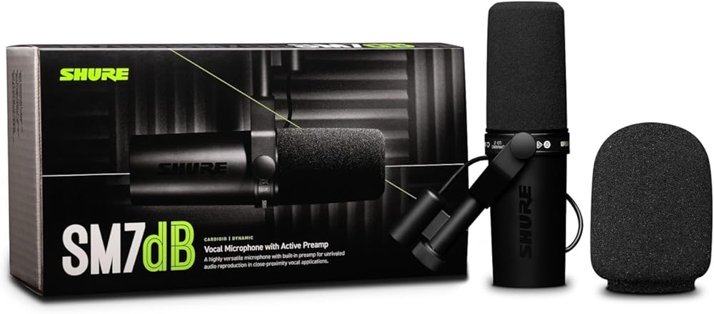 Shure SM7dB Kenya retail box with microphone, detachable foam windscreen, and yoke mount displayed beside packaging