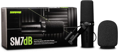 Shure SM7dB Kenya retail box with microphone, detachable foam windscreen, and yoke mount displayed beside packaging