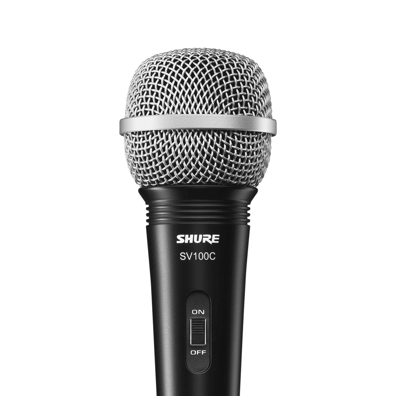 Shure SV100 microphone Kenya — close-up front view showing silver mesh grille and on/off switch