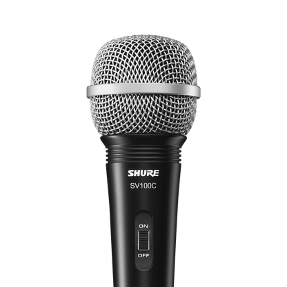 Shure SV100 microphone Kenya — close-up front view showing silver mesh grille and on/off switch
