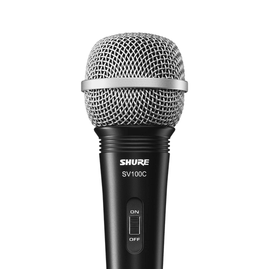 Shure SV100 microphone Kenya — close-up front view showing silver mesh grille and on/off switch