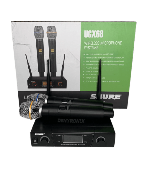 Shure UGX68 wireless microphone Kenya — dual handheld mics with UHF receiver and retail box, front view