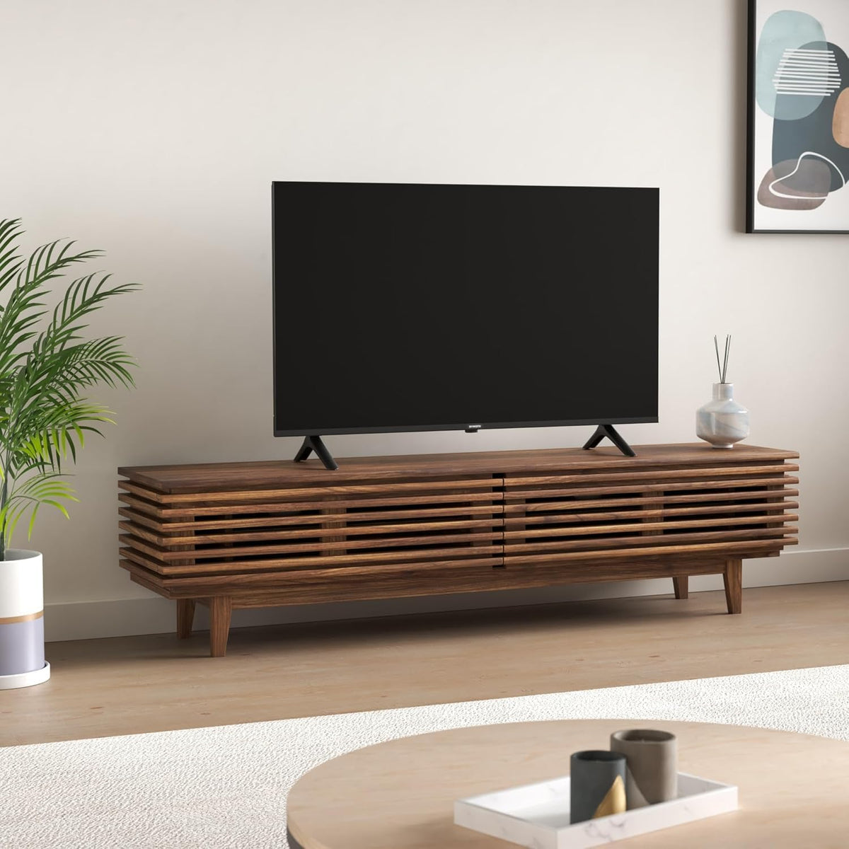 Skyworth 50 inch TV Kenya mounted on wooden TV stand in modern living room lifestyle setup